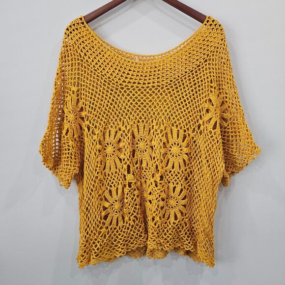 Womens Crochet Floral Top Yellow Mustard Cover Up Oversized Beachy Resort Summer - Picture 1 of 8